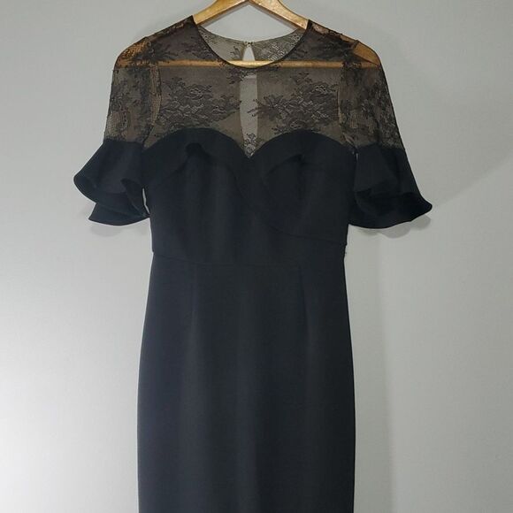 Marchesa Notte dress women's sz 0 black tan maxi sheer sexy Gypsy Witchy Lace - Picture 5 of 14